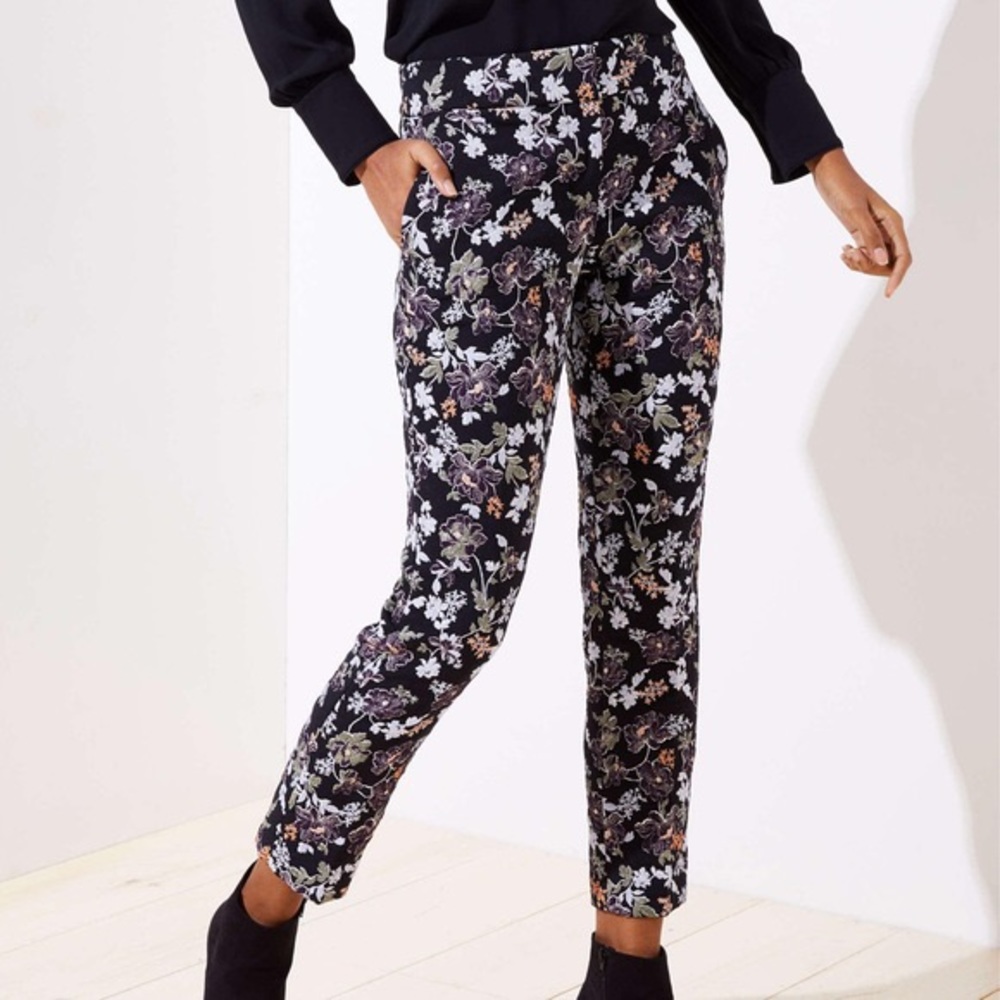 LOFT Marisa Slim Floral Pants Black Ankle Length